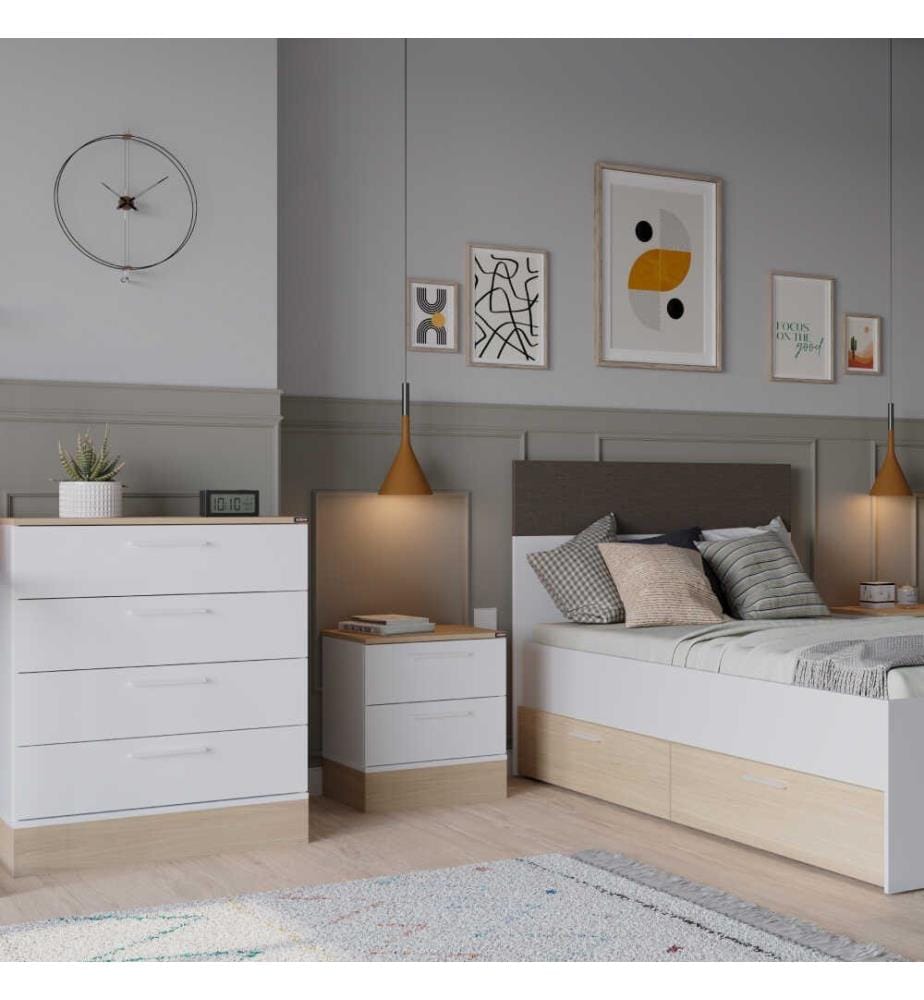 Commode, chêne, blanc, panneau de particules 100 % mélaminé
