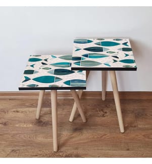 Tavolino da nido , 2 pezzi, Verde, Blu, Bianco, MDF, Gambe di faggio