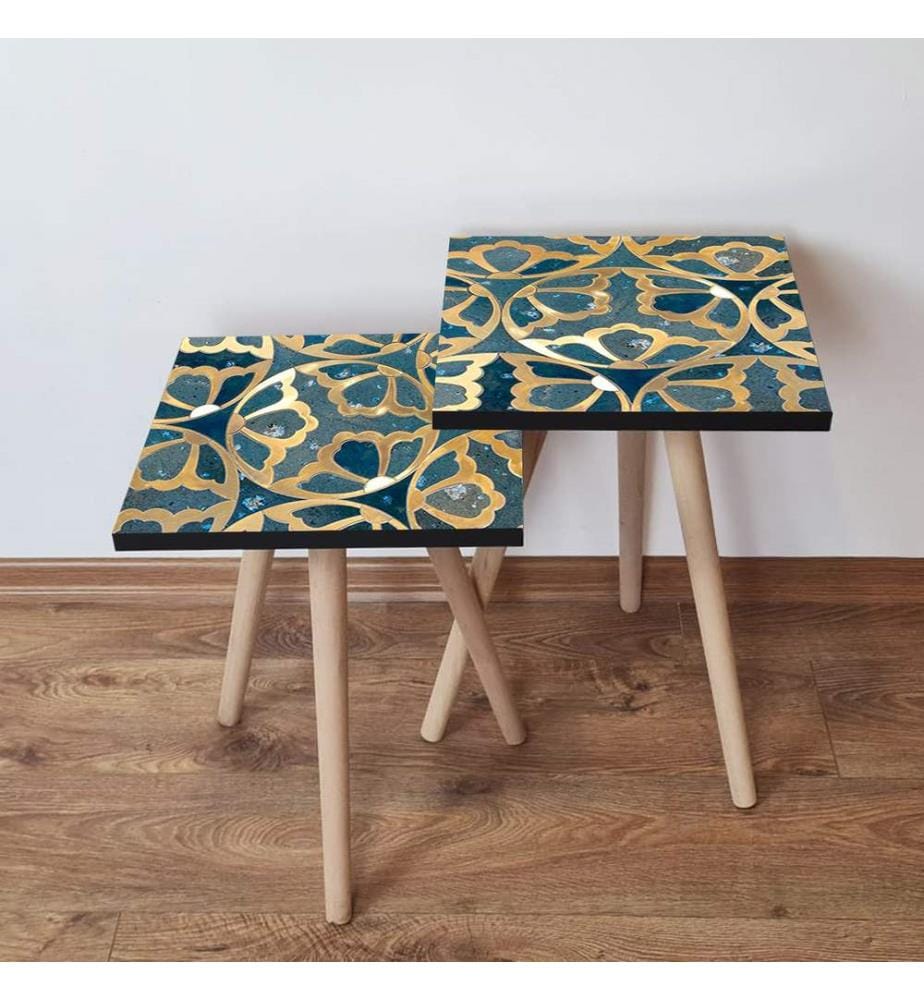 Table gigogne, 2 pièces, bleu marine, bleu, blanc, 100 % MDF, , pieds en bois de hêtre
