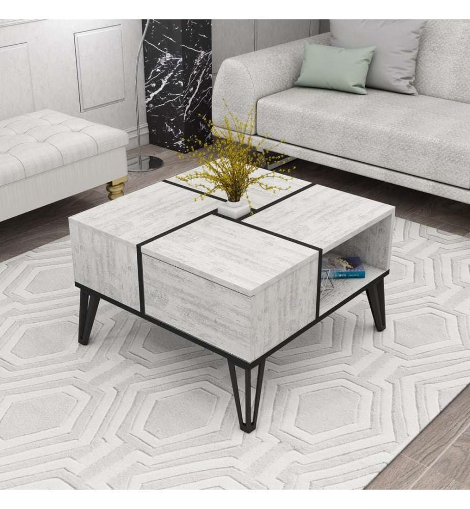Table Basse, Blanc Plaque De Particules Recouvertes De Mélamine Noire, 100%