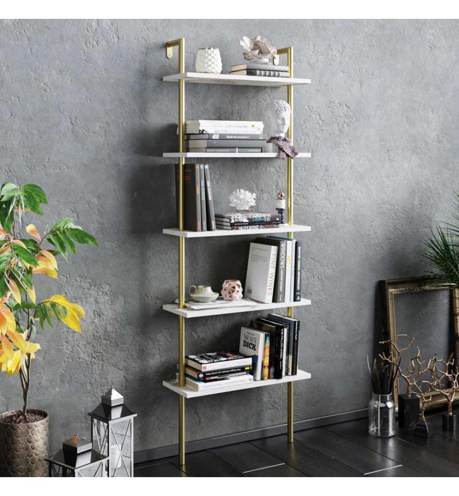 Weiss,Gold, Bücherregale, 174X60X22 cm, Melaminbeschichtete Partikelplatte