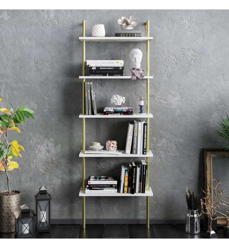Weiss,Gold, Bücherregale, 174X60X22 cm, Melaminbeschichtete Partikelplatte