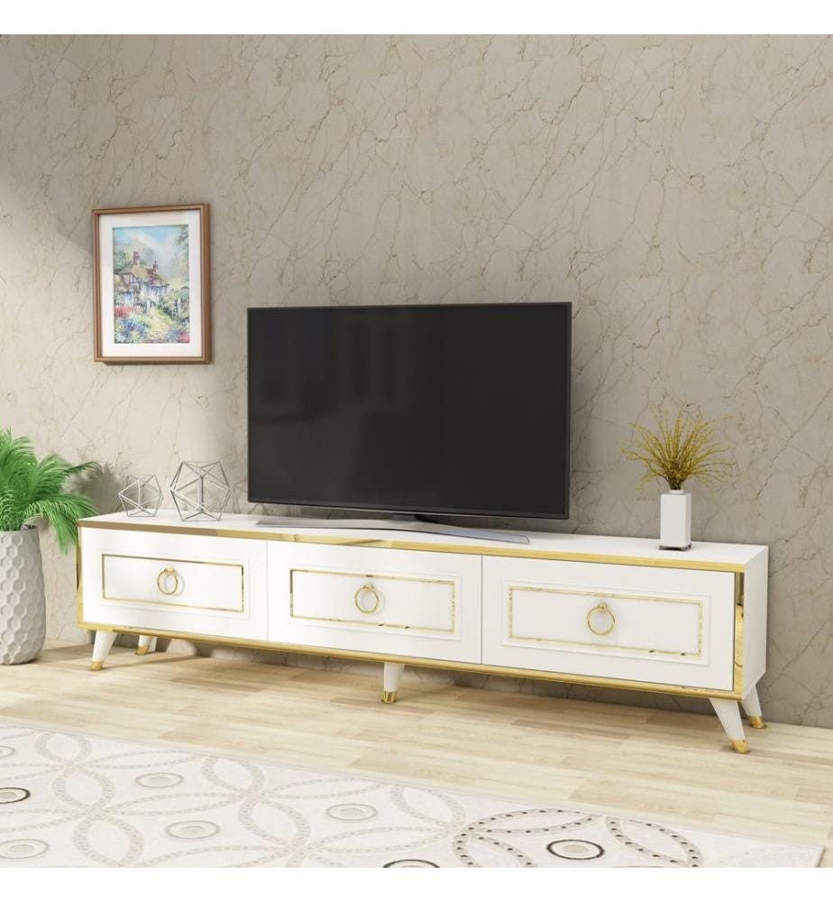 Meuble TV, Blanc, Or, Panneau de particules mélaminé