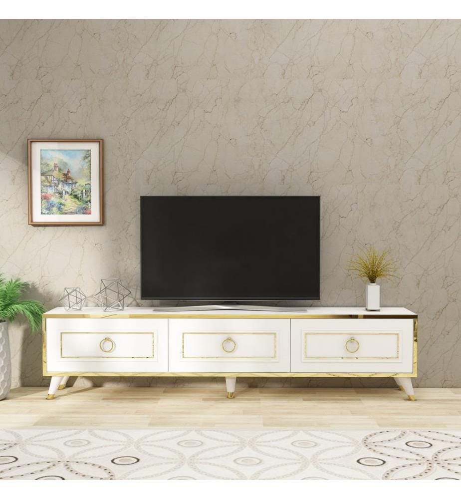 Meuble TV, Blanc, Or, Panneau de particules mélaminé