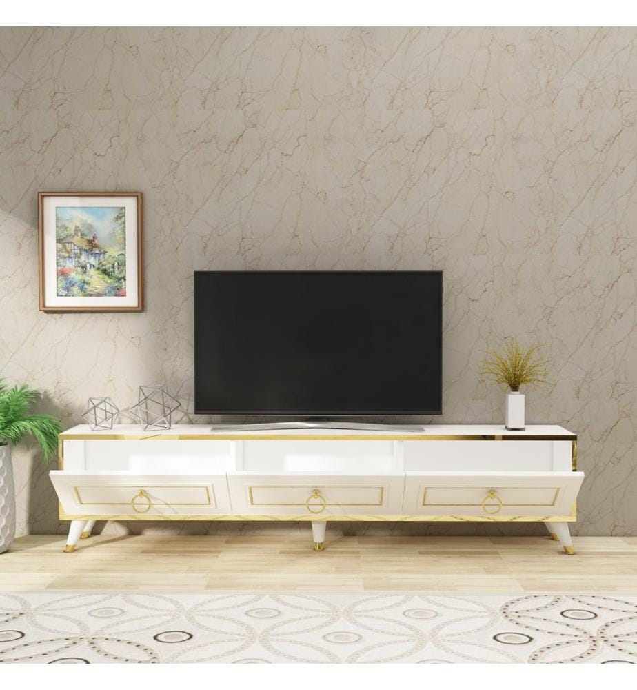 Meuble TV, Blanc, Or, Panneau de particules mélaminé