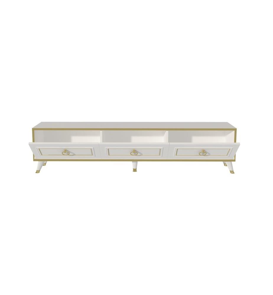 Meuble TV, Blanc, Or, Panneau de particules mélaminé