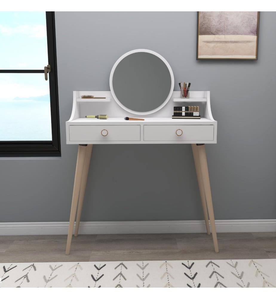 Table de maquillage, blanc, panneau de particules mélaminé, miroir inclus