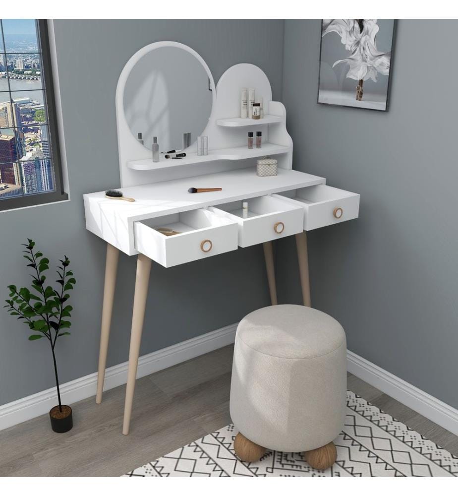 Table de maquillage, blanc, panneau de particules mélaminé, miroir inclus