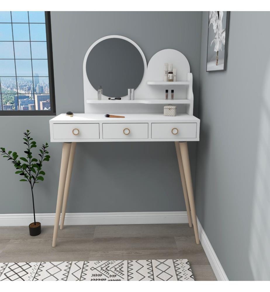 Table de maquillage, blanc, panneau de particules mélaminé, miroir inclus