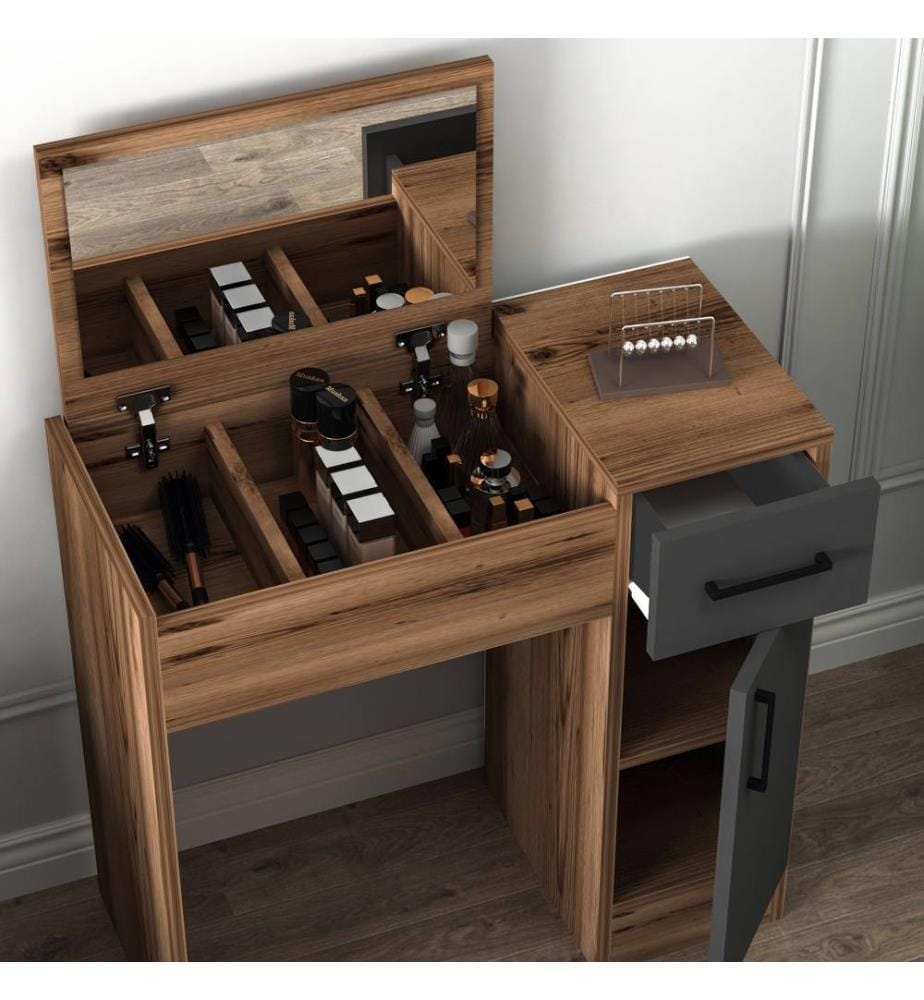 Table de maquillage, noyer clair, anthracite, panneau de particules mélaminé