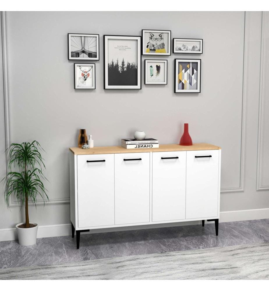 Console, chêne saphir, blanc, panneau de particules 100 % mélaminé