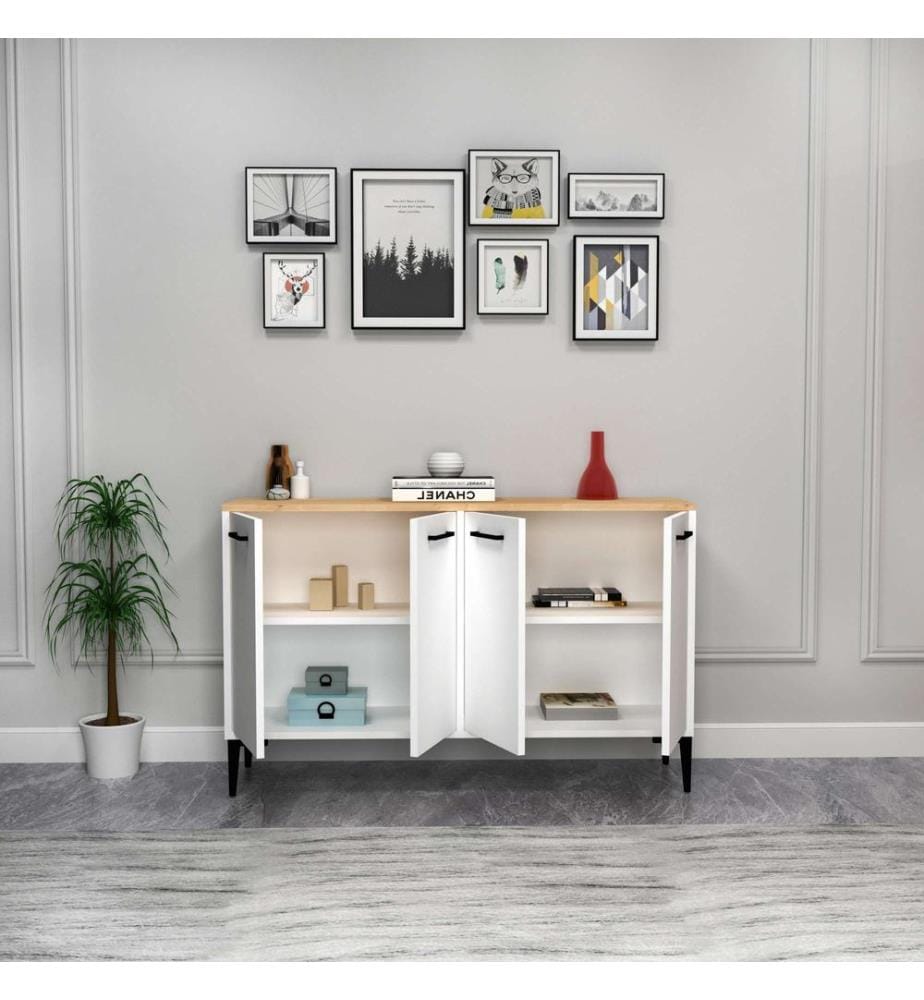 Console, chêne saphir, blanc, panneau de particules 100 % mélaminé