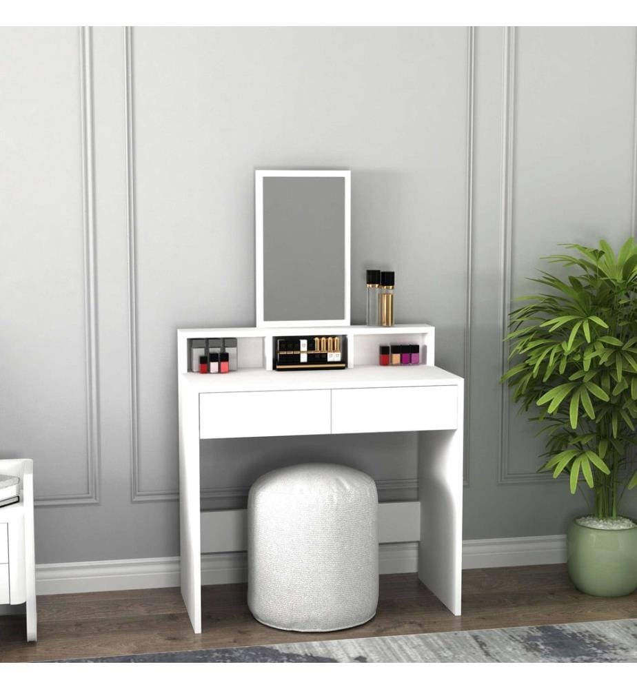 Coiffeuse, blanche, panneau de particules 100 % mélaminé, miroir