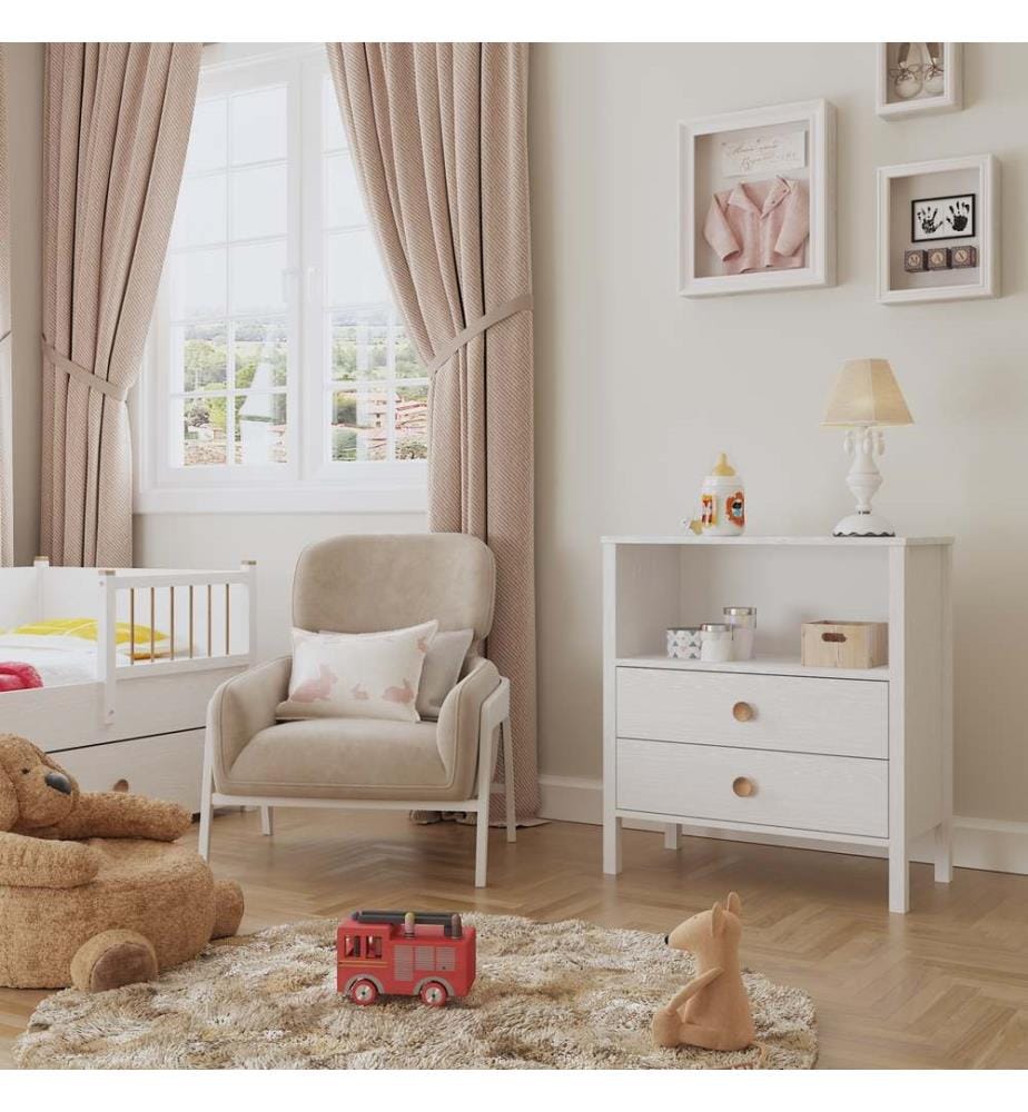 Commode, bois, blanc, 100 % aggloméré, cadre en MDF, poignée en métal