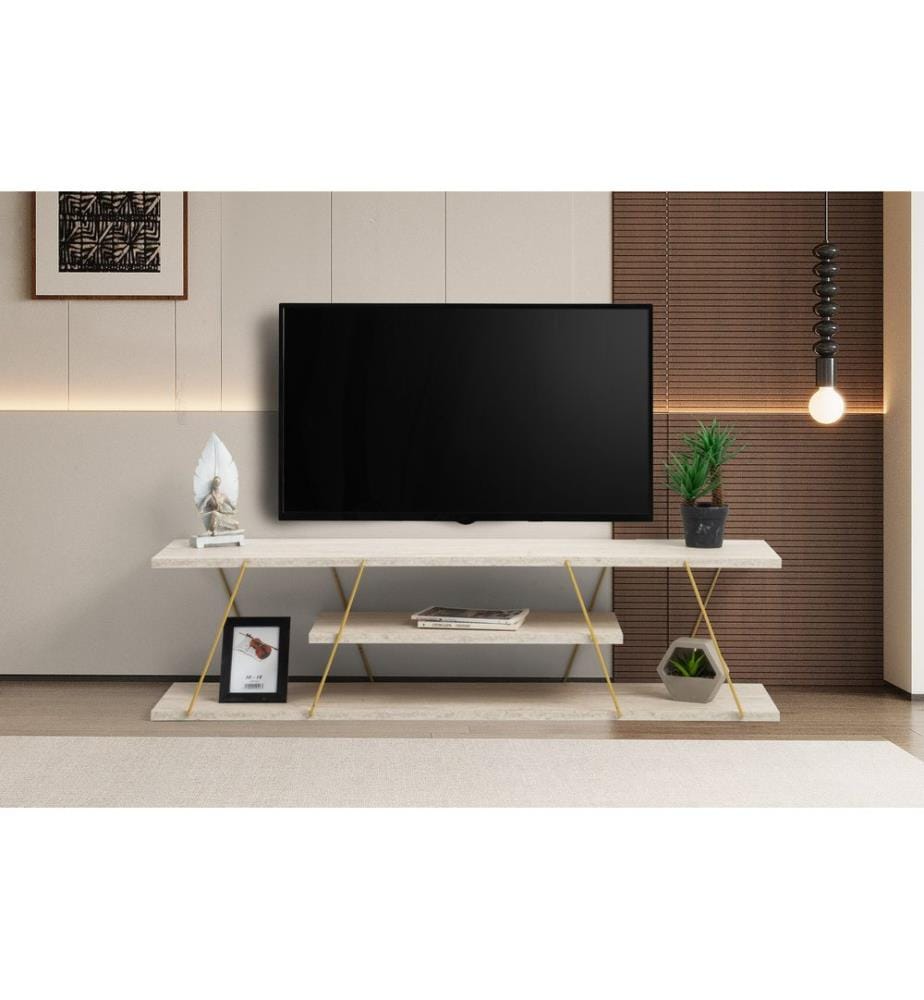 Meuble TV, travertin, doré, panneau de particules 100 % mélaminé, structure : 100 % métal