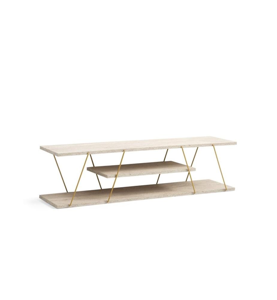 Meuble TV, travertin, doré, panneau de particules 100 % mélaminé, structure : 100 % métal