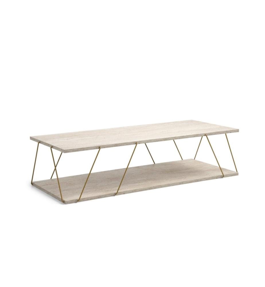 Table basse, travertin, dorée, panneau de particules 100 % mélaminé, structure : 100 % MÉTAL
