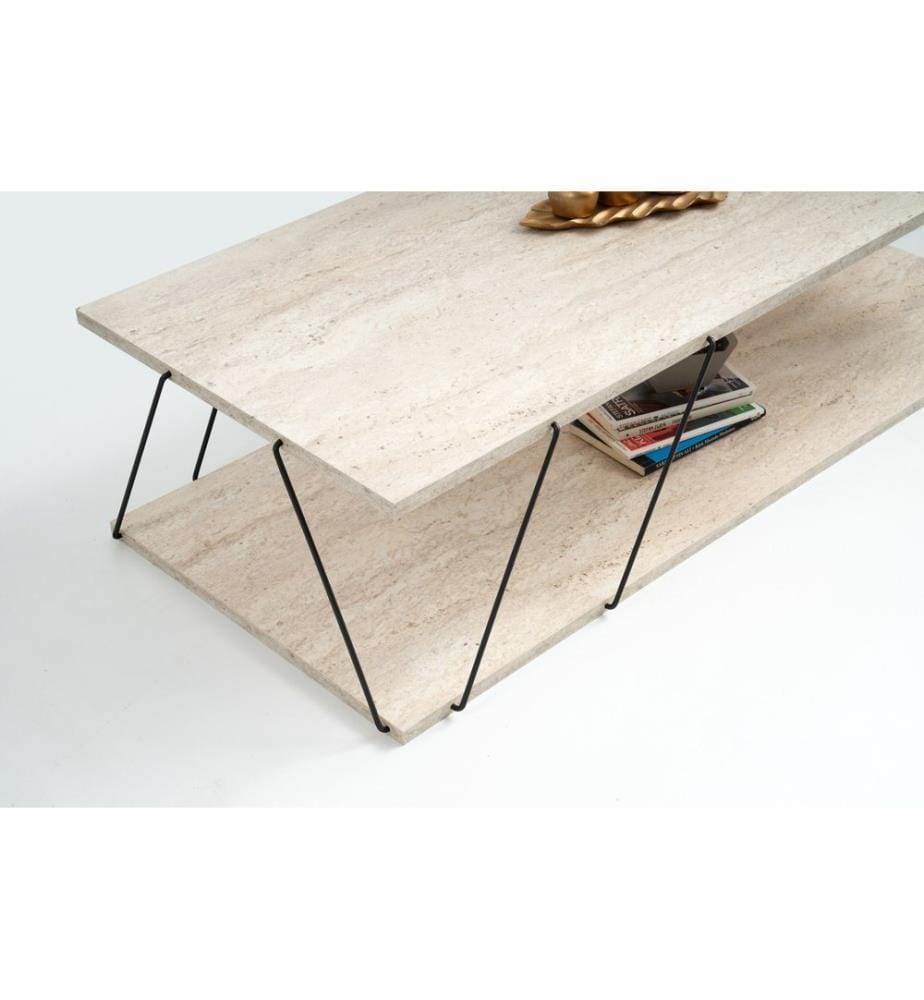Table basse, travertin noir, panneau de particules 100 % mélaminé, structure : 100 % MÉTAL