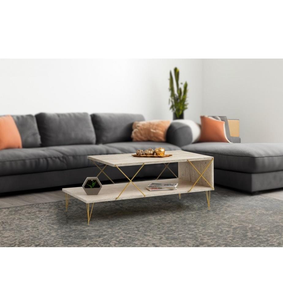 Table basse, travertin, doré, panneau de particules 100 % mélaminé, pieds en métal