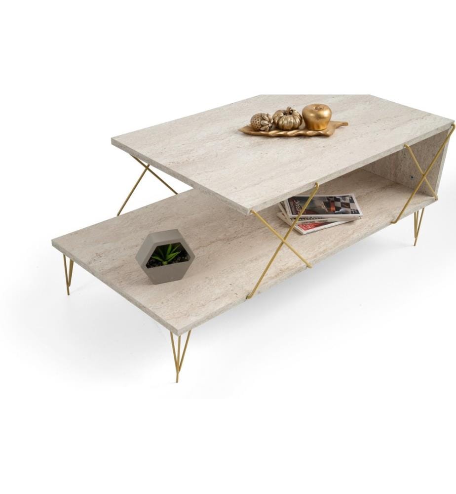 Table basse, travertin, doré, panneau de particules 100 % mélaminé, pieds en métal