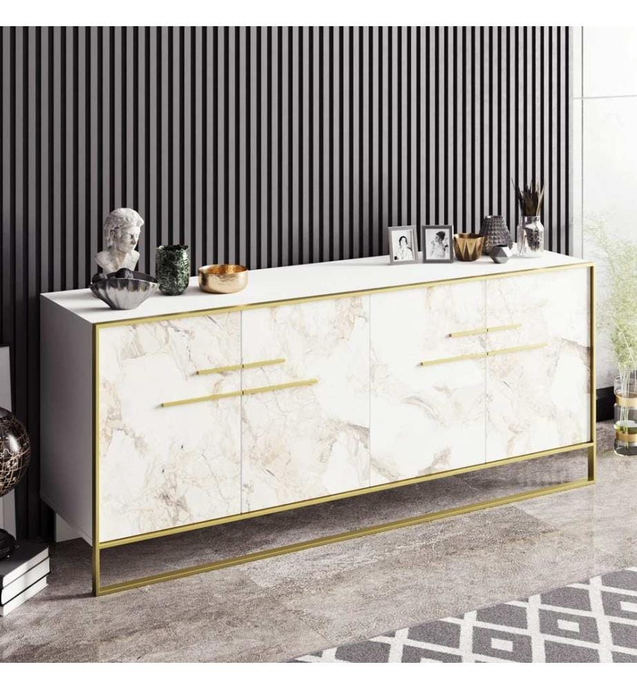 Console, GoldWhite, Melamine Coated Particle Board, Metal Gold Part