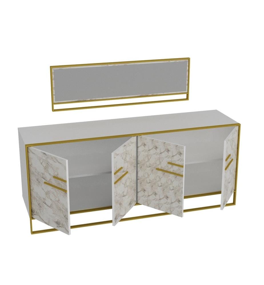 Console, GoldWhite, Melamine Coated Particle Board, Metal Gold Part