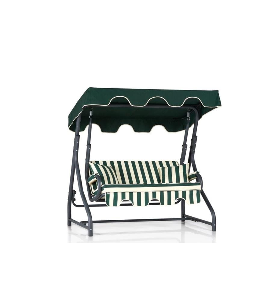 Chaise balançoire double de jardin, vert blanc noir, structure métallique, tissu polyester
