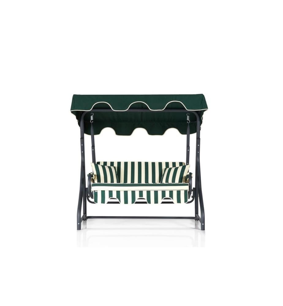 Chaise balançoire double de jardin, vert blanc noir, structure métallique, tissu polyester