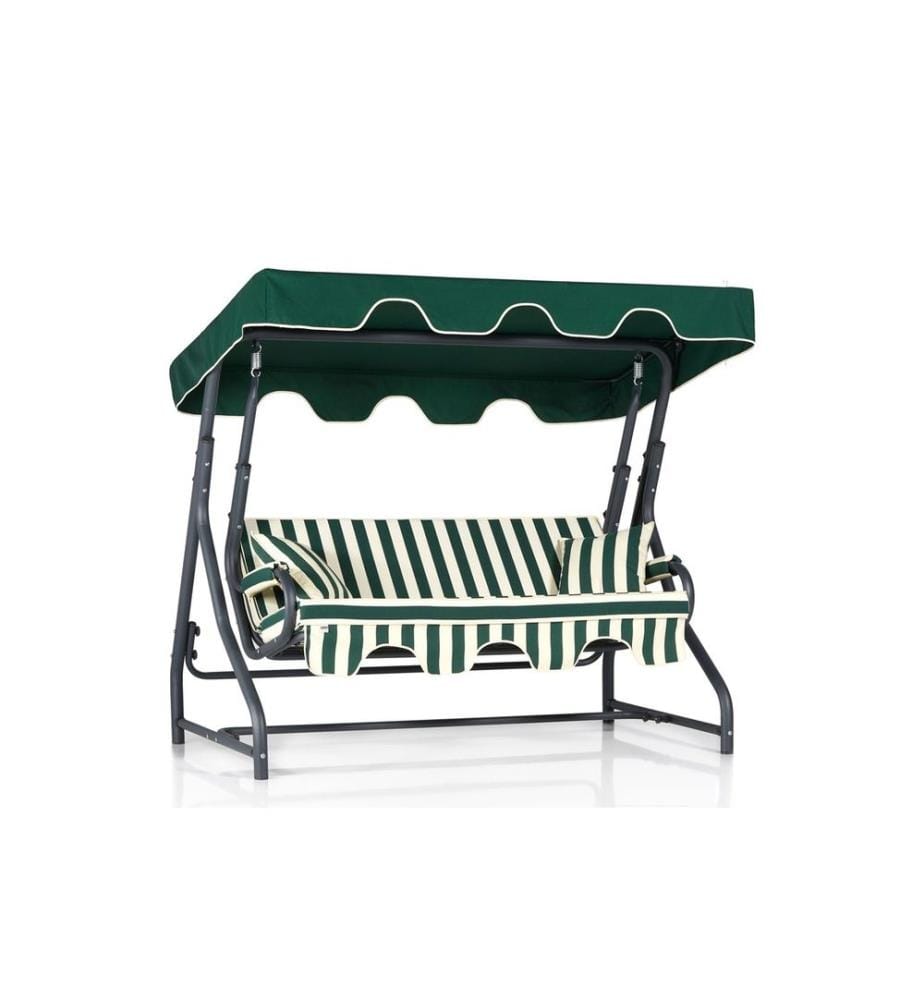 Garten-Dreifach-Schaukelstuhl, Grün-Creme, Metallgestell, Polyester-Gewebe