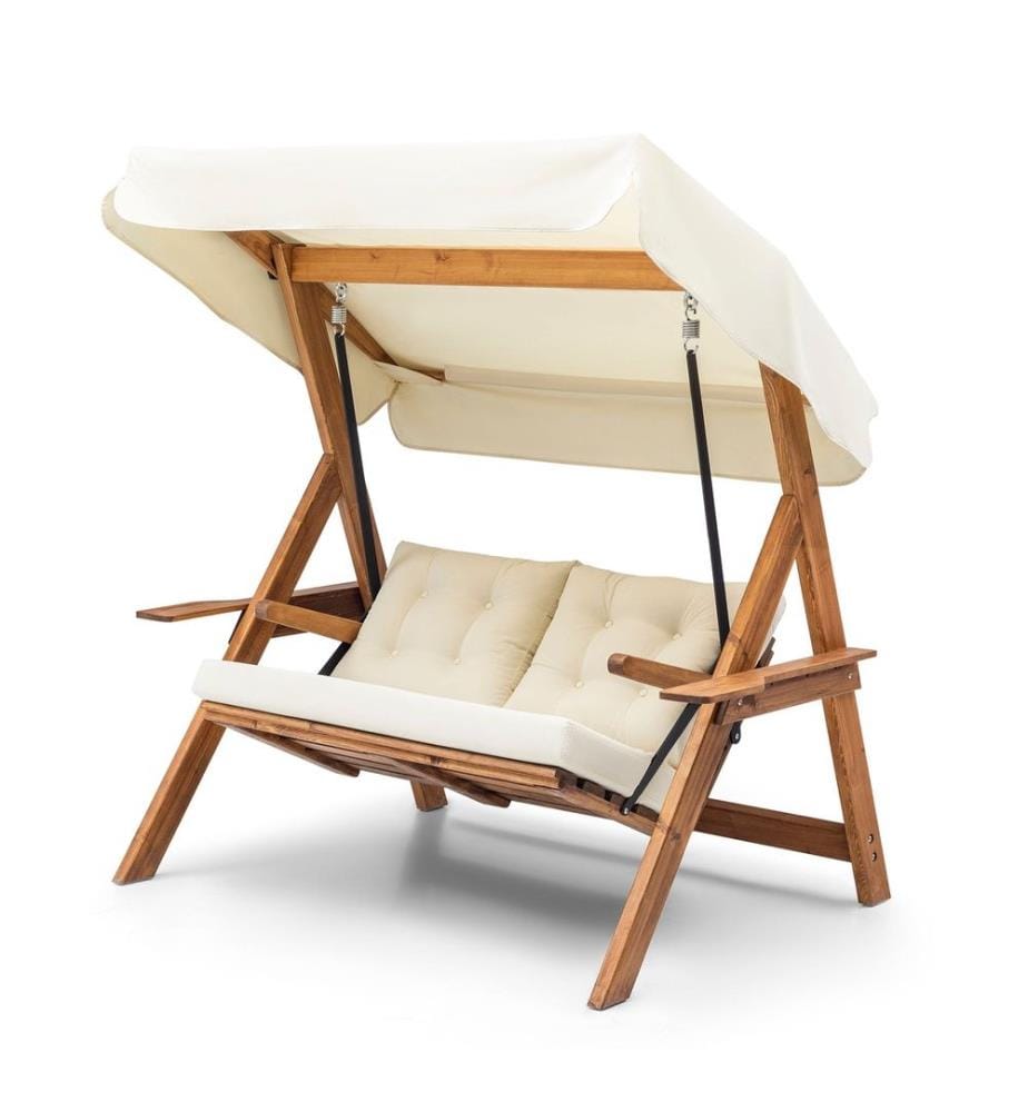 Garten-Doppel-Schaukelstuhl, Creme, Gestell aus Kiefernholz, Polyester-Gewebe