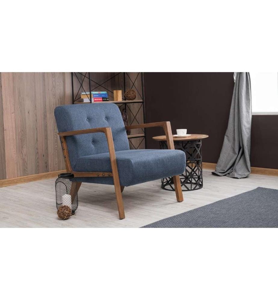 Sedia ad ala, blu, struttura in legno di faggio, tessuto in poliestere