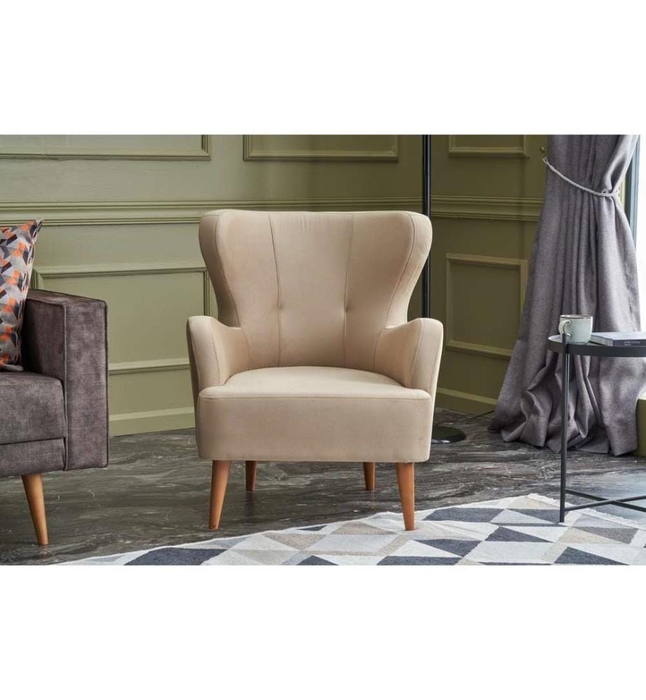 Wing Chair, Cream, Hornbeam Wood Frame, Velvet Fabric Fabric