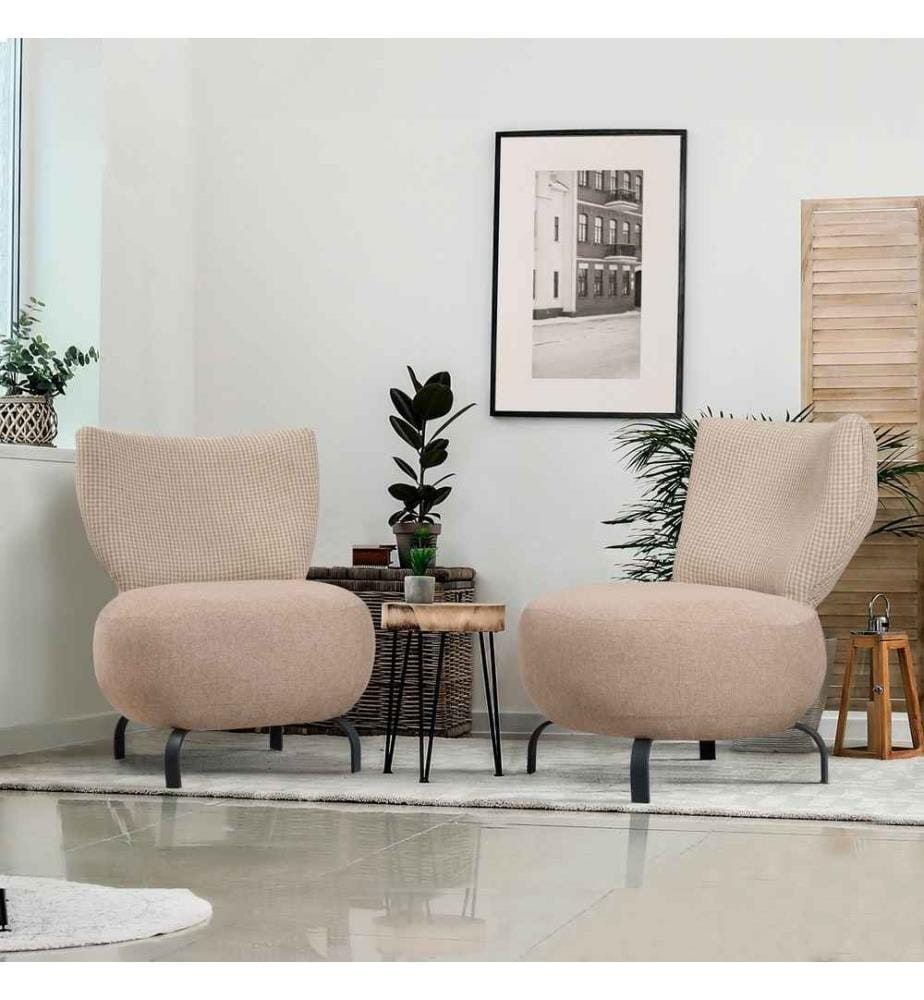 Ensemble de chaises à oreilles, crème, cadre en bois de charme, tissu chenille