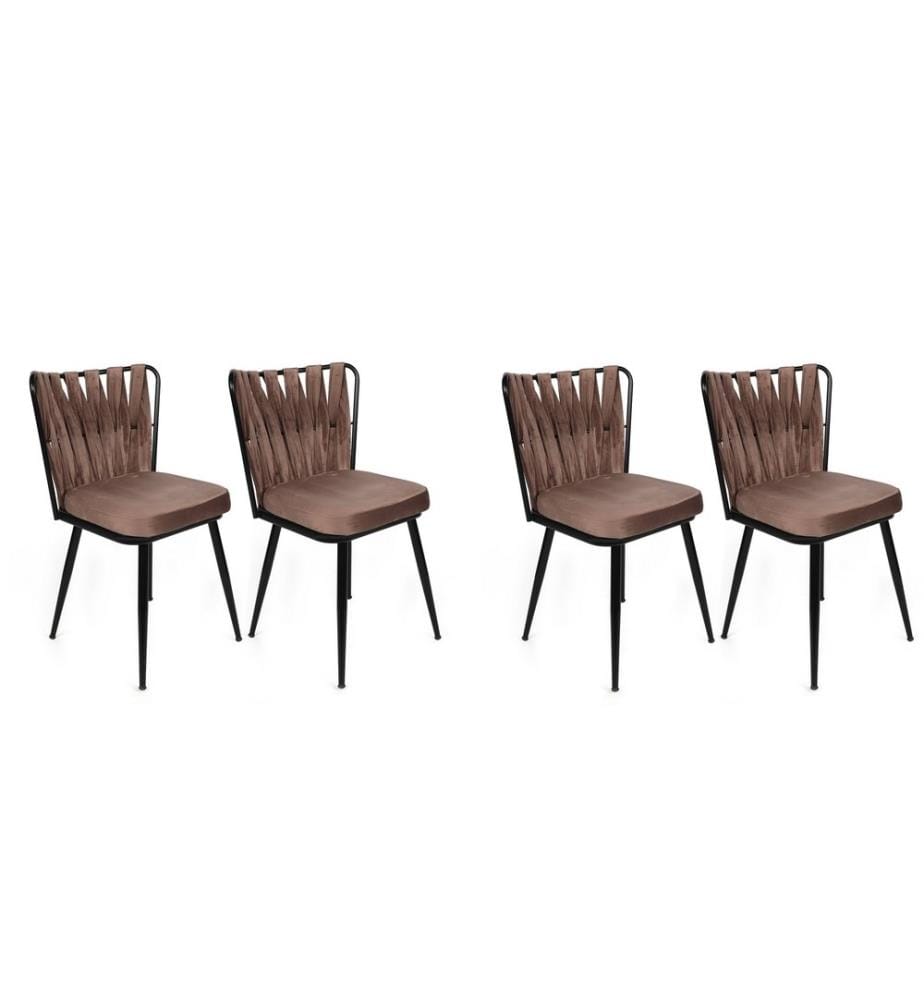 Set di sedie , 4 pezzi, Marrone chiaro, Nero, Struttura: Metallo, Seduta: Tessuto di velluto - Pannello di particelle rivestito di melamina, Schienale: Metallo - Tessuto di velluto