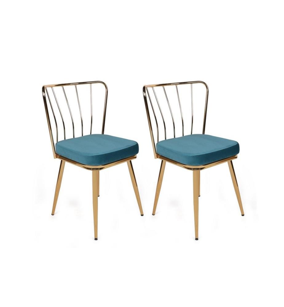 Set di sedie , 2 pezzi, Blu, Oro, Struttura: Metallo, Seduta: Tessuto di velluto - Pannello di particelle rivestito di melamina, Schienale: Metallo