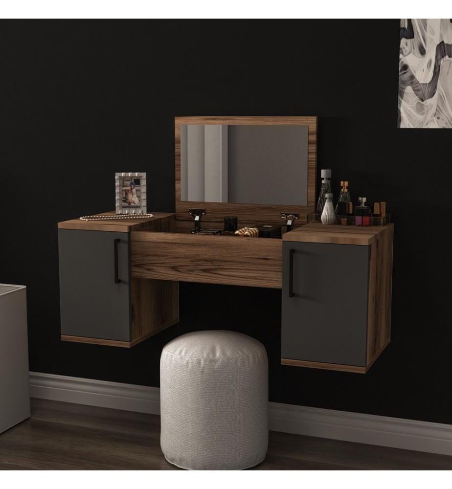 Table de maquillage, noyer clair, anthracite, panneau de particules mélaminé