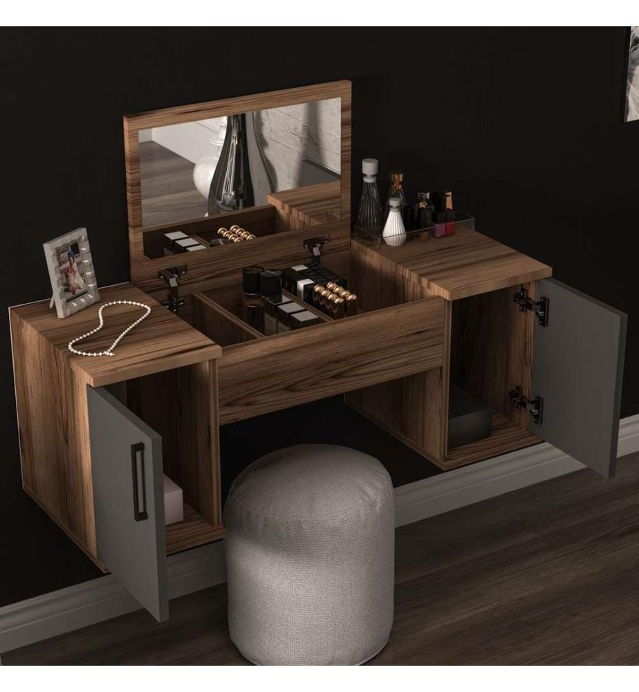 Table de maquillage, noyer clair, anthracite, panneau de particules mélaminé
