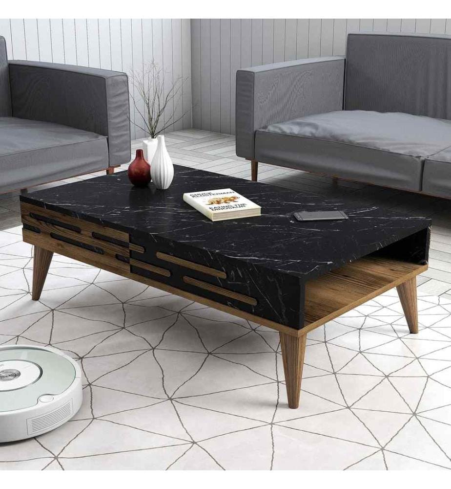 Table basse, noyer, noir, marbre, panneau de particules mélaminé