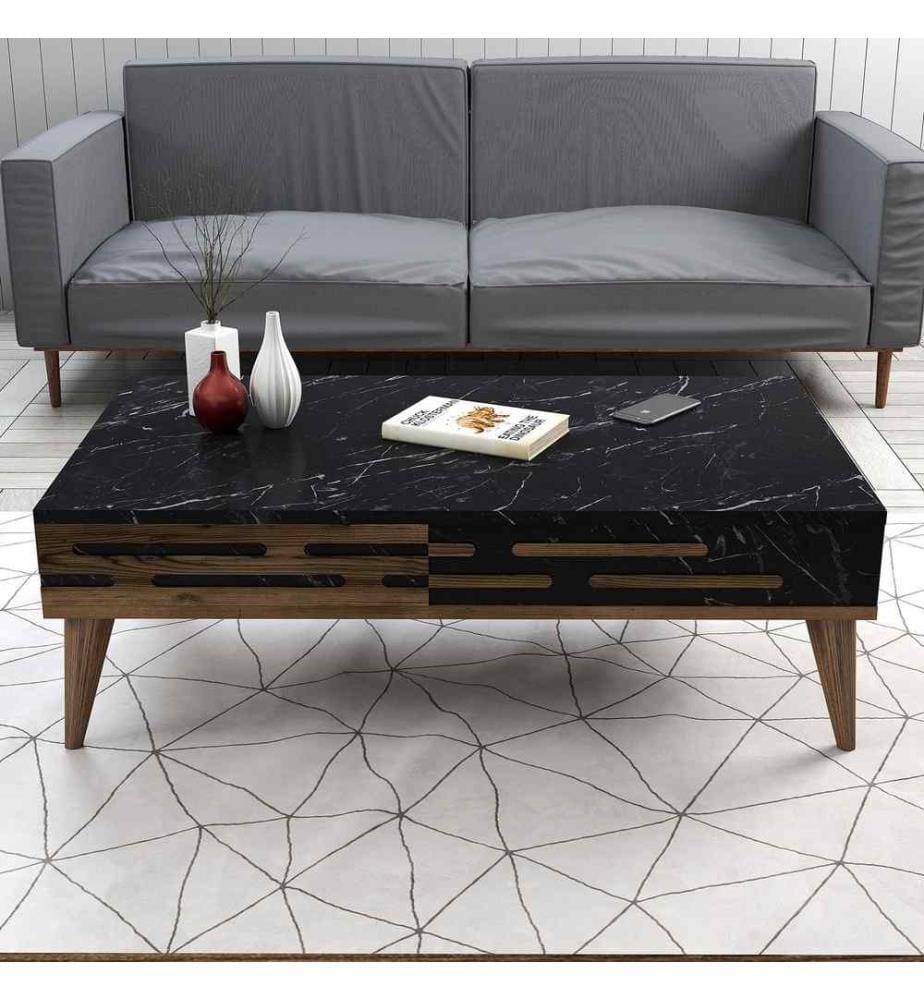 Table basse, noyer, noir, marbre, panneau de particules mélaminé