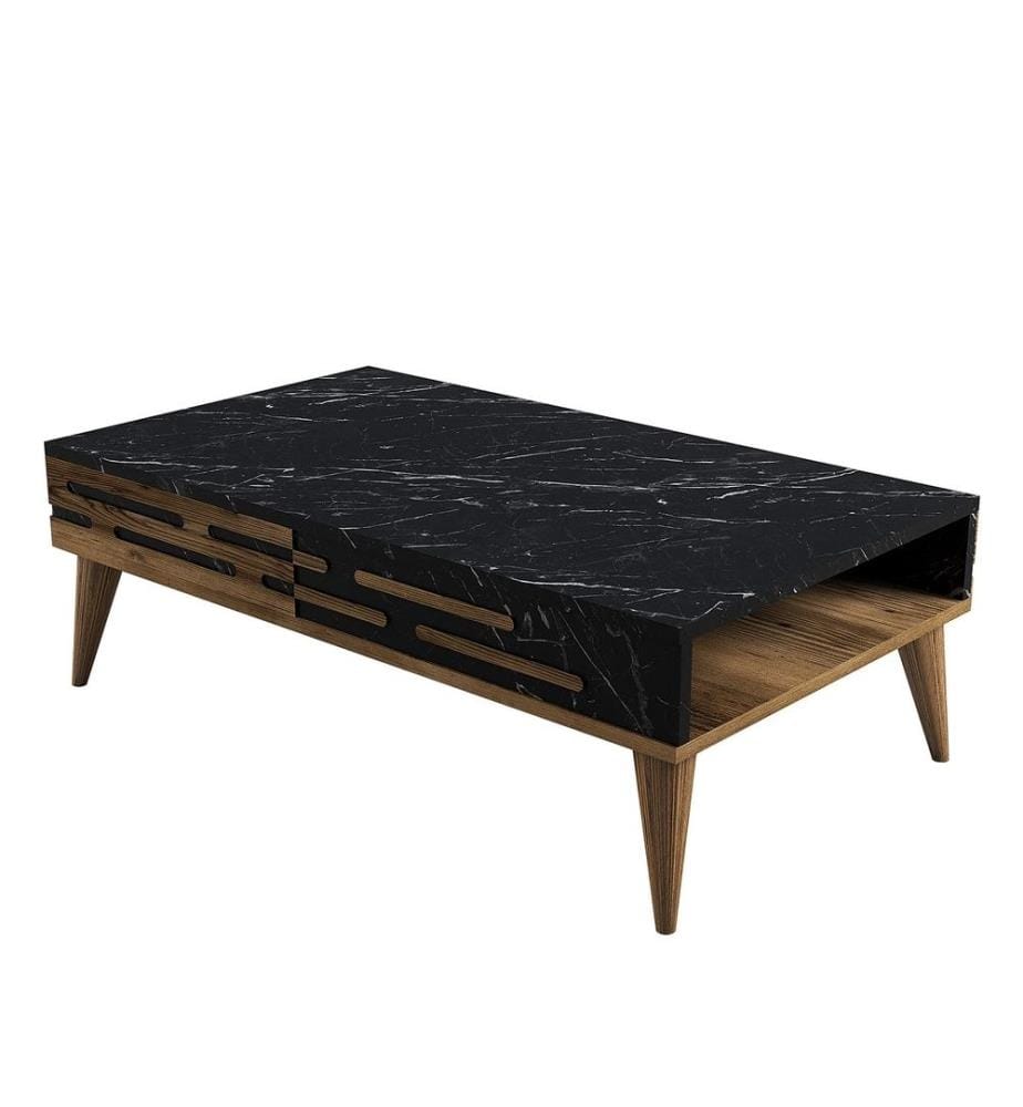 Table basse, noyer, noir, marbre, panneau de particules mélaminé
