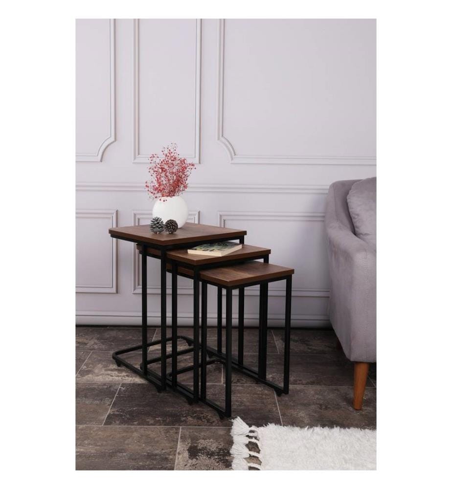Table gigogne, 3 pièces, noyer noir, structure métallique, plateau MDF