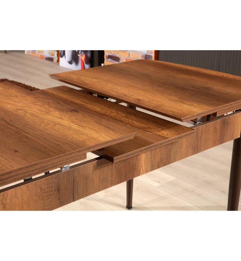 Extendable Dining Table, Walnut, Brown, 100% MELAMINE COATED PARTICLE BOARD, Metal Legs