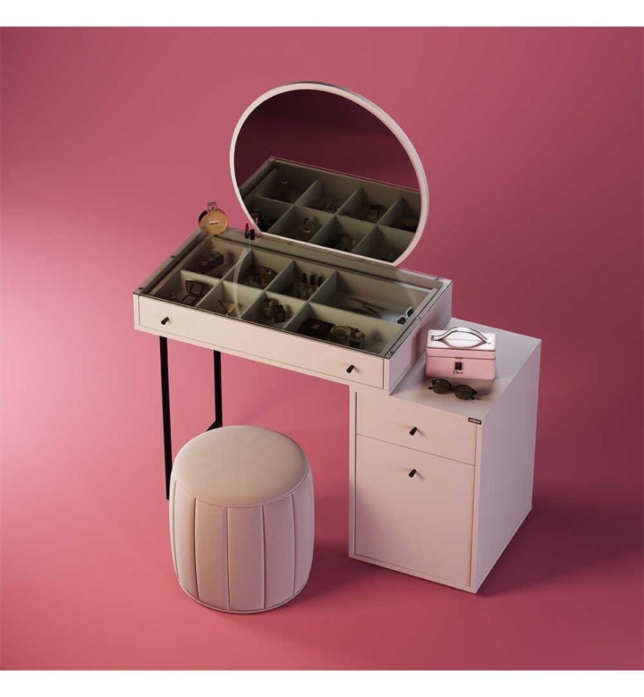 Coiffeuse, vison, panneau de particules 100 % mélaminé, pieds en métal, verre trempé
