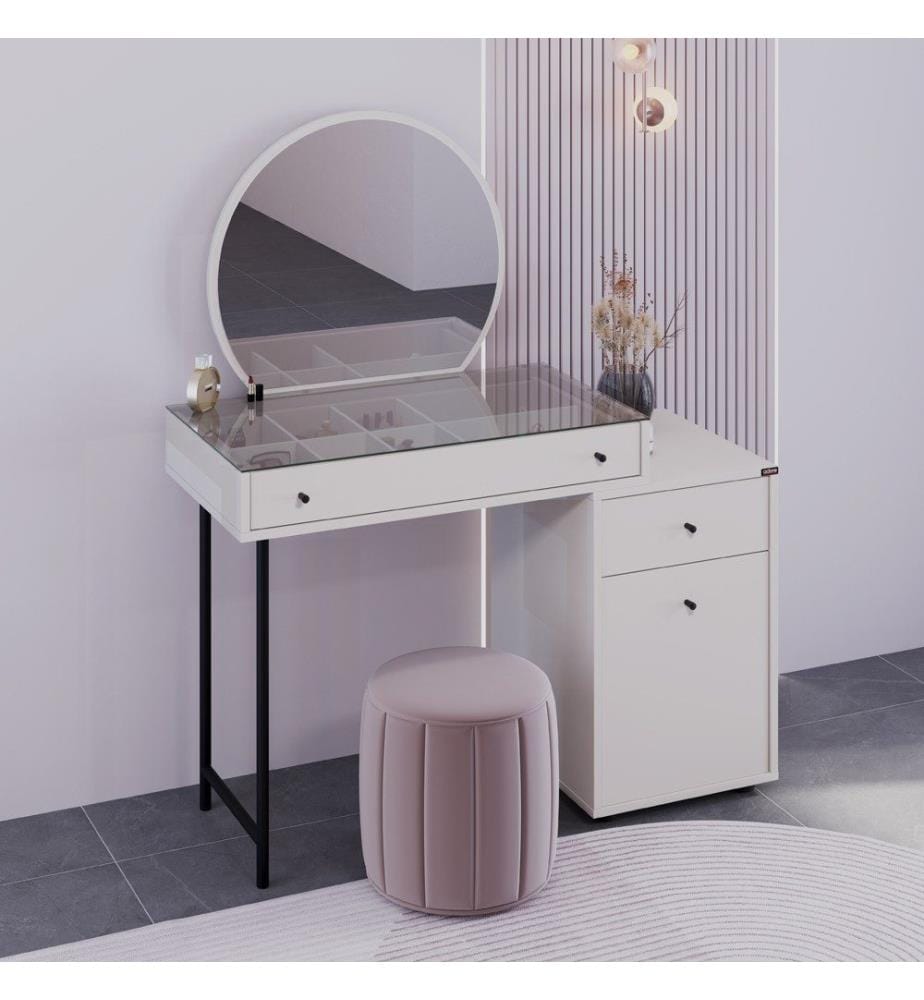Coiffeuse, vison, panneau de particules 100 % mélaminé, pieds en métal, verre trempé