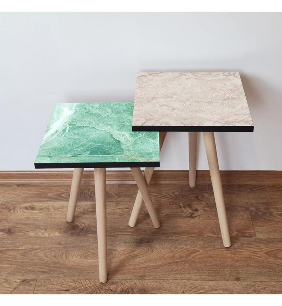 Nesting Table, 2 Pieces, Green, White, Beige, 100% MDF,  , Beech Wood Legs
