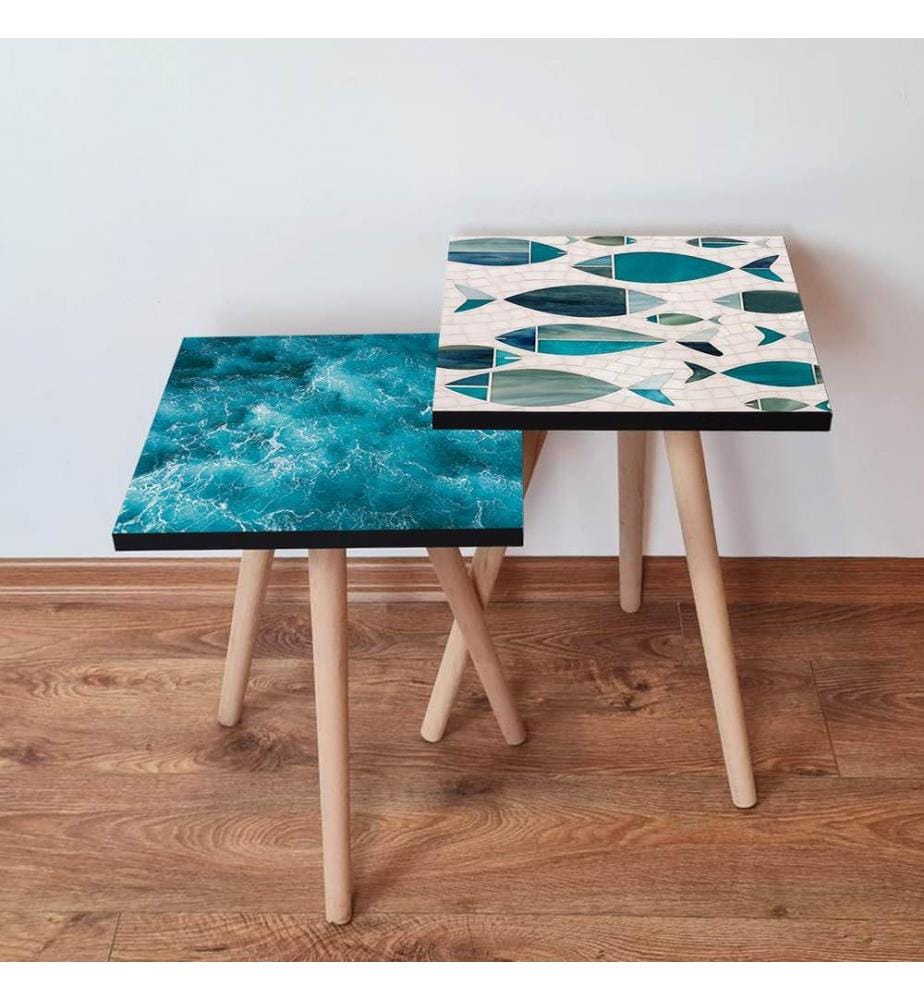 Nesting Table, 2 Pieces, Blue, White, Green, 100% MDF,  , Beech Wood Legs