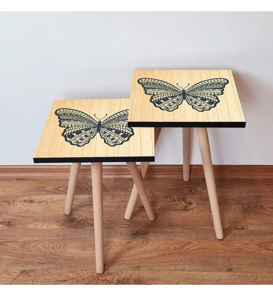 Nesting Table, 2 Pieces, Beige, Black, 100% MDF,  , Beech Wood Legs