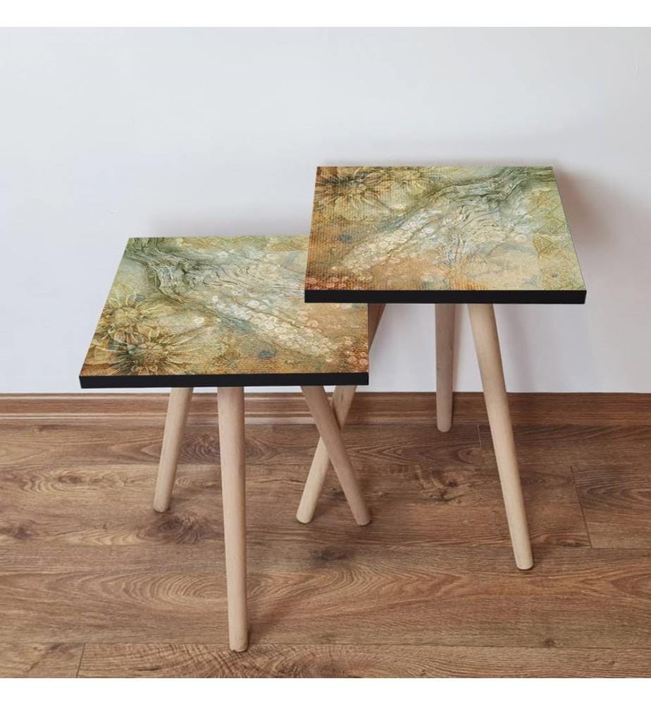 Table gigogne, 2 pièces, beige, vert, blanc, 100 % MDF, , pieds en bois de hêtre