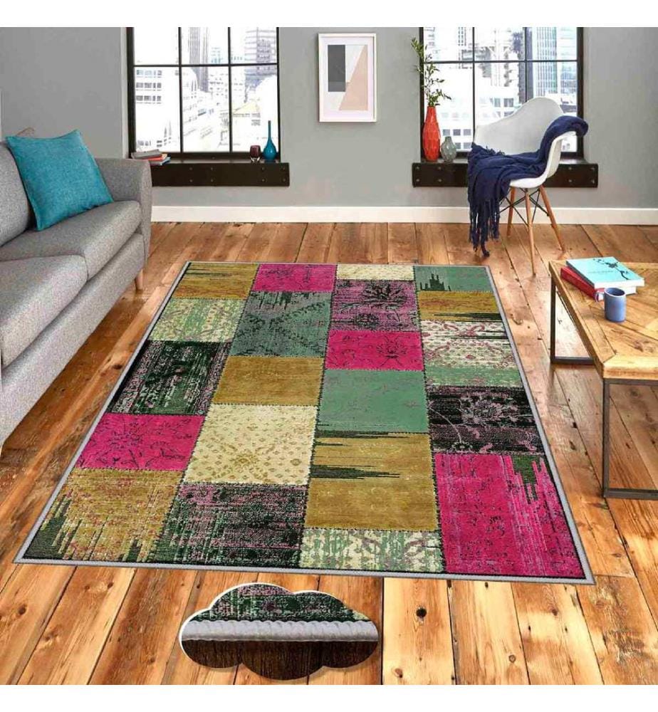 Carpet, Green, Beige, Fuchsia, Green, Black, 100% Polyester, 50 x 80 cm