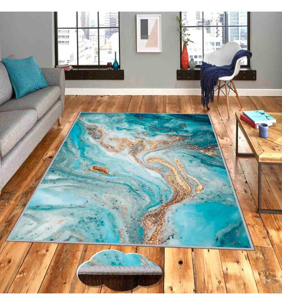 Teppich, Weiss, Gold, Türkis, Blau, 100% Polyester, 50 x 80 cm